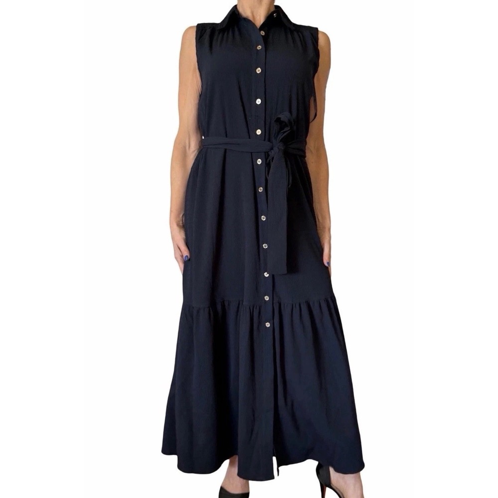 Tommy Hilfiger Navy Blue Textured Sleeveless Tiered Maxi Shirt Dress size 6